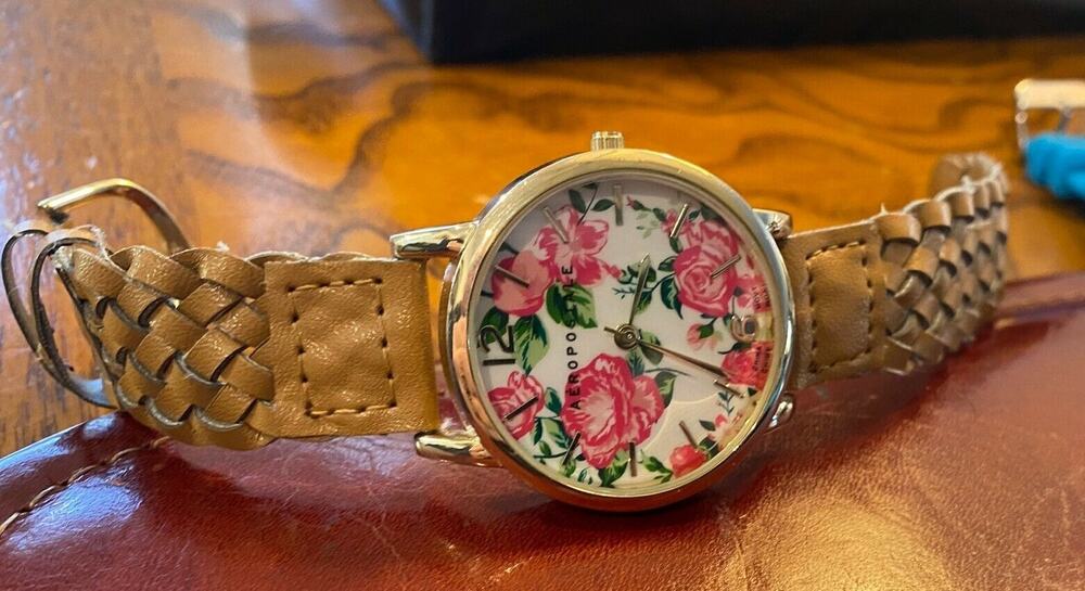 Women's Gold Tone 38mm Aeropostale Watch with Flower Print Face, Braided Leather